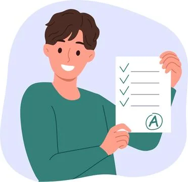 Guy student shows test with A grade, proud of excellent result obtained thanks Illustrazione stock