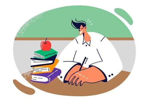 Guy student sits at school table with books and holds pen, recording lecture and Stock Illustration