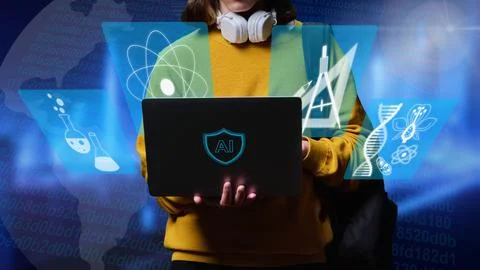 Guy student using laptop, artificial intelligence for education. Stockfoto's