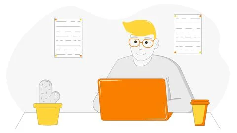 The guy is studying on a laptop in a minimalistic style. Stock Illustration