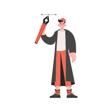 A guy in stylish clothes stands in full growth holding a pen tool in his hand Stock Illustration