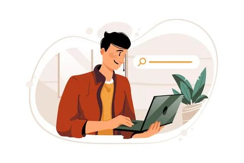 Guy surfing on internet and clicks on laptop mouse 스톡 일러스트