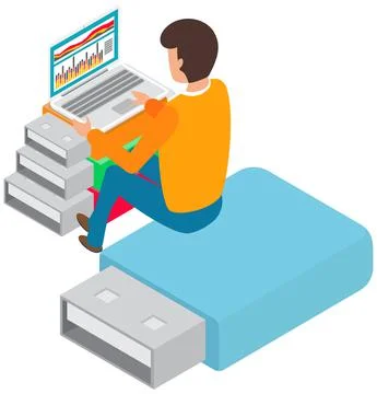 Guy surfing web sites and analyzes chart. Digital services, Internet program Ilustración de archivo