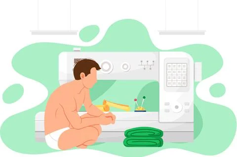 Guy in swimsuit after bath is looking at stack of green cloth. Sewing machine Illustrazione stock