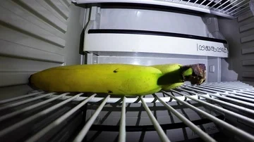 Guy taking out bananas from the fridge Stock Footage 85893196