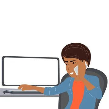 The guy is talking on the phone and typing on the computer. Business. Vector, 스톡 일러스트