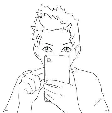 The guy is talking on a video link or taking a photo on the phone. Vector, wh Stock Illustration