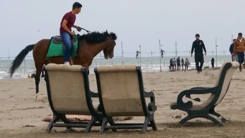 Guy teaching a young man how to ride a horse on a sandy beach Stock Footage 97036022