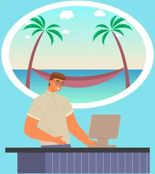 Guy thinking about holdays, summer vacation. Man working at computer with Stock Illustration