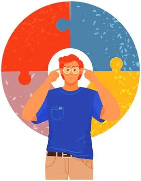 Guy thinks about puzzle in his head. Cognitive development, mental mindset イラスト素材