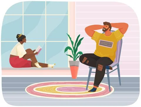 Guy thinks, rests, smiles and sits on chair at home. Woman relaxes dreams and Stock Illustration