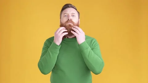 Guy touch haircut beard clothes prepare event isolated vivid color background Video stock 170664505