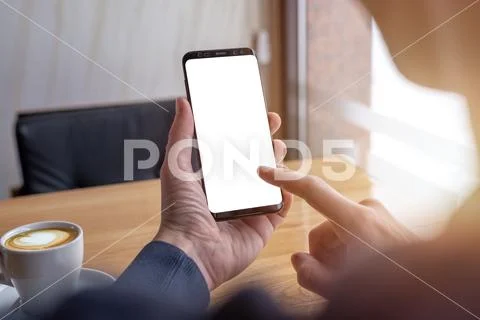 Guy touch smart phone display mockup concept PSD Template