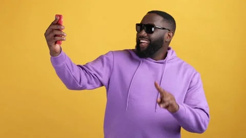 Guy trip make selfie thumb-up v symbol isolated vibrant color background Stock Footage 168370696