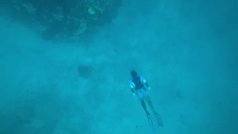 The guy is trying to dive to the bottom of ocean Vídeos de archivo 295384932