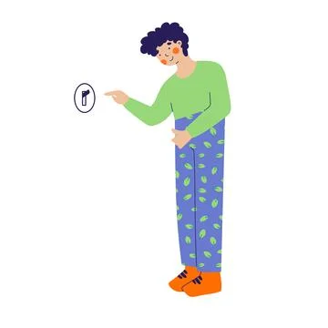 Guy turns off light, the switch cartoon vector illustration. Cartoon character Stock Illustration