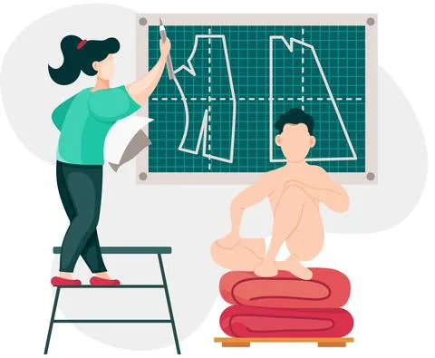 Guy in underwear sits on stack of towels and looks at board with pattern of Stock Illustration