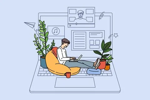 Guy use laptop watch video tutorial online Illustrazione stock
