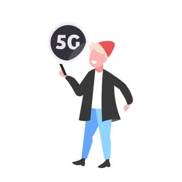 Guy using smartphone 5G online communication fifth innovative generation of i Stockillustratie