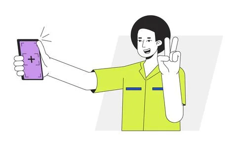 Guy with victory gesture posing for selfie flat line vector spot illustration Illustrazione stock