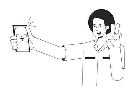 Guy with victory gesture posing for selfie bw vector spot illustration Stock Illustration