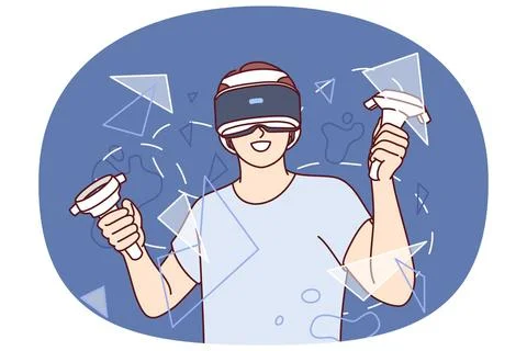 Guy with virtual reality headset, holds joysticks for video games and stan... Stock Photos