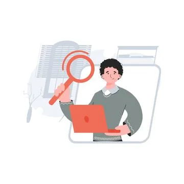 The guy is waist-deep holding a computer and a magnifying glass. Search. Elem Stock Illustration