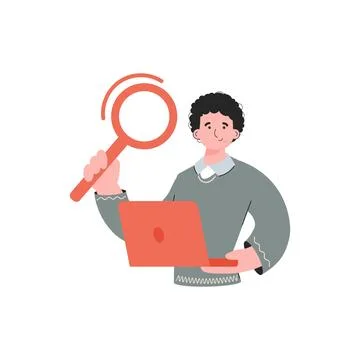 The guy is waist-deep holding a computer and a magnifying glass. Isolated. .. Stock Illustration