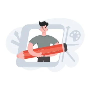 The guy is waist-deep holding a large pencil. Design. Element for presentat.. Stock Illustration