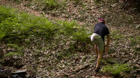 The guy is walking in Forest Background Stock Footage 91184736
