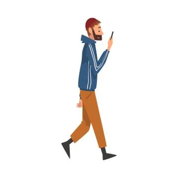 Guy Walking Outside, Young Man Looking at His Smartphone, Person Using Digital Stock Illustration