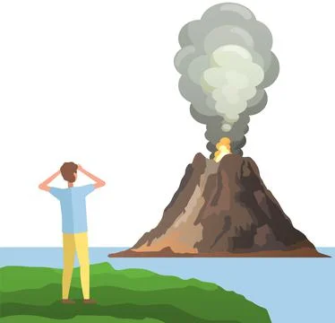 Guy watching volcanic eruption with magma. Shocked man looking at rock pinnacle Stock Illustration