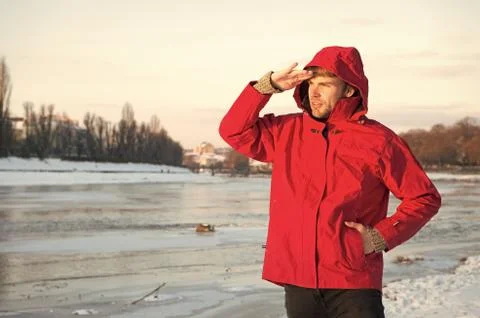 Guy wear jacket with hood on frosty winter day. Man bearded stand warm  jacket Stock Photo #115913805