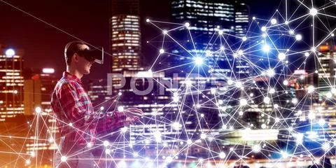 Guy wearing checked shirt and virtual mask reaching hand to feel his way Stock Photos