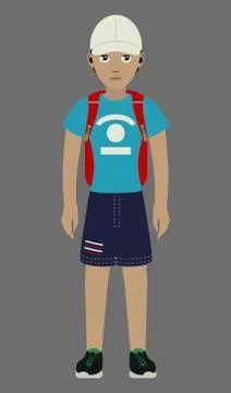 A guy in a white cap, a blue T-shirt, blue shorts, black sneakers Stock Illustration