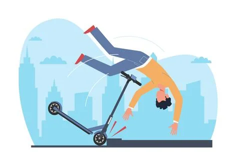 Guy without helmet falls off electric scooter and flies over handlebars Stock Illustration