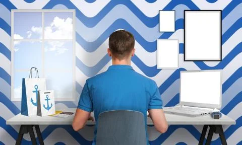 Guy work in blue white office. Laptop and picture frames isolated for mockup.  Stock Photos