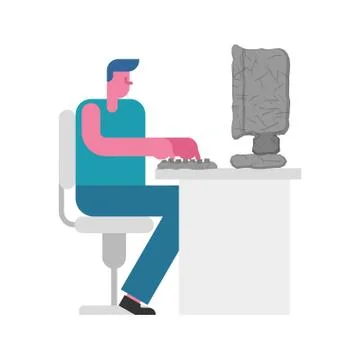 Guy work Stone computer. Boy and old PC. 스톡 일러스트