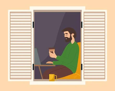 Guy working with the computer and drinking coffee on balcony of his house. Man イラスト素材