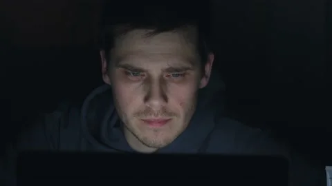 Guy working on computer at night. Stock Footage 232464279