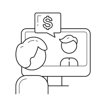 Guy working on a computer vector line icon. Stock Illustration