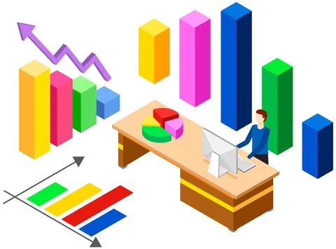 Guy is working with data and looking at monitor. Man studies statistics shown on Stock Illustration