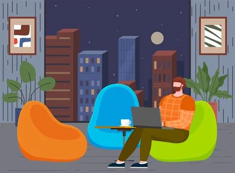 Guy working from home with cityscape in window. Guy with computer on background Stock Illustration