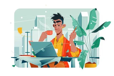 Guy working at laptop and drinking coffee Stock Illustration