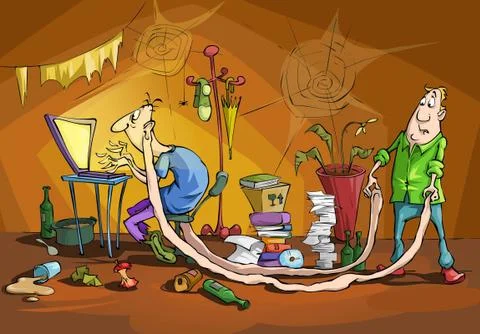 Guy working for a long time on the computer alone イラスト素材