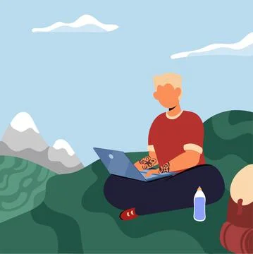Guy working remotely while traveling, blogger, freelancer Stock Illustration
