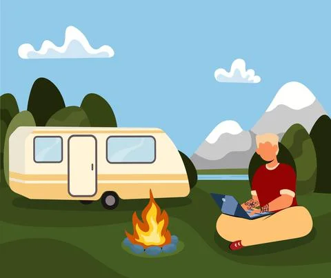 Guy working remotely while traveling, blogger, freelancer Illustrazione stock