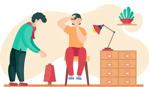 The guy works with a skein of thread. Boy sits on a chair and covers his face Stock Illustration