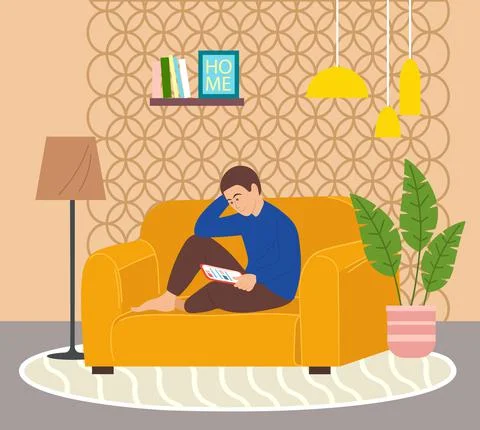 The guy on yellow couch, surfing the Internet, staying home, chatting online Stock Illustration