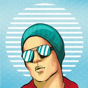 Guy young handsome fancy in hat and sunglasses halftone background Stock Illustration